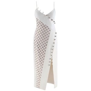 David Koma Cady Diamond Mesh Asymmetric Midi Dress